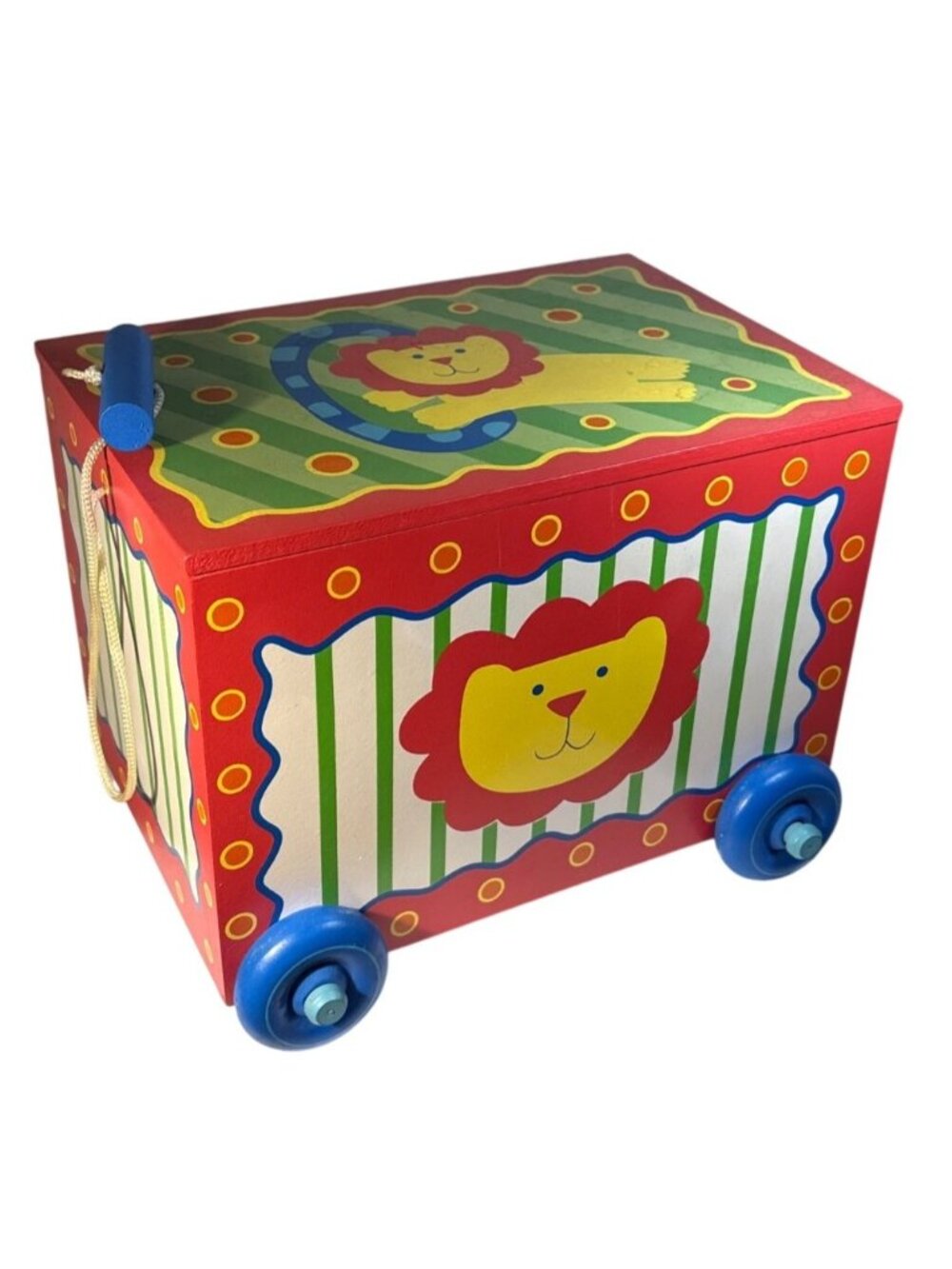 Vintage Wooden Pull Toy Storage Box Zoo Safari Lion Hinged Lid Wheels 9 x 7 x 6"
